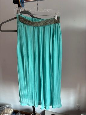 Pleated Aqua Maxi Skirt with Beaded Waistband
